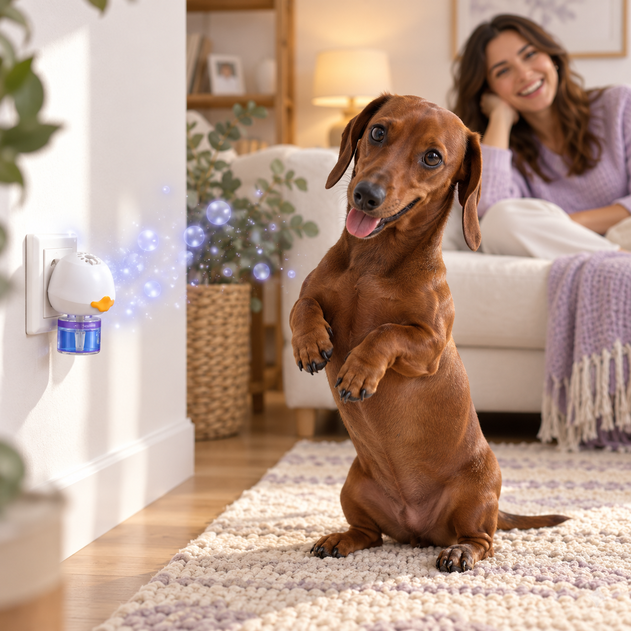 Un perro salchicha juega en casa junto al difusor Queralia mientras su dueña sonríe