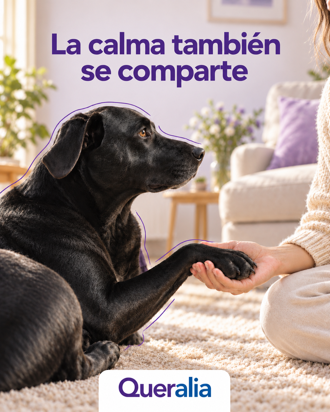 Perro negro dando la pata a su tutora: La calma también se comparte, Queralia